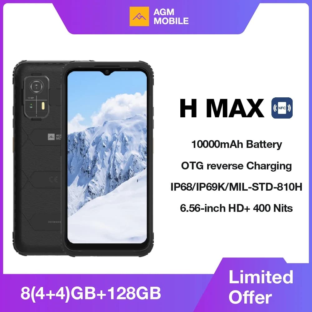 AGM H MAX Smartphone Robusto Batteria 10000mAh 4+128GB Display HD+ 3 Slot per Schede NFC OTG Ricarica Inversa Impermeabile