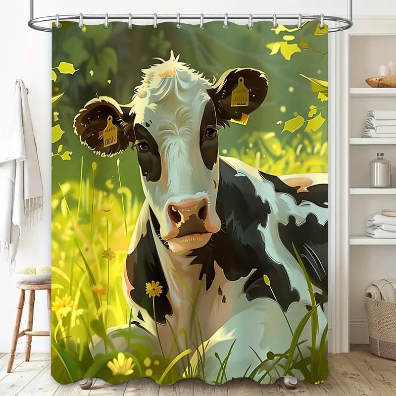 Tenda da doccia impermeabile e resistente al muffa con motivo mucca, stile pastorale, design animale carino, adatto per la decorazione della casa del bagno