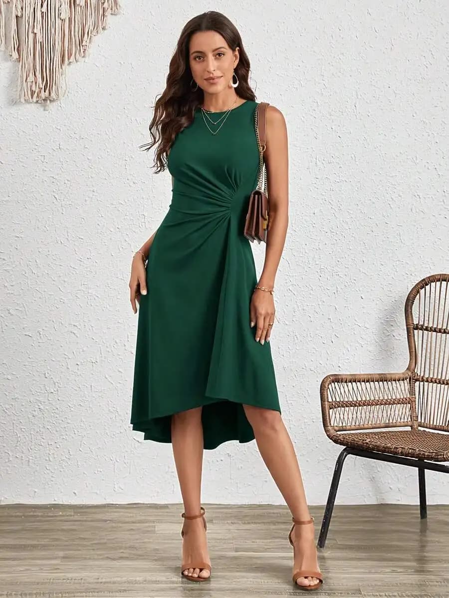 Ruched Front Solid Green Midi Dress For Women
