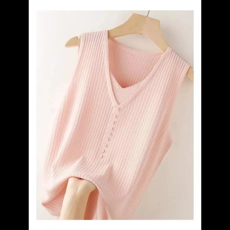 Ice Silk Knitted Camisole Women's Spliced pullover V-neck Loose Slimming Knitted Bottoming Sleeveless Top