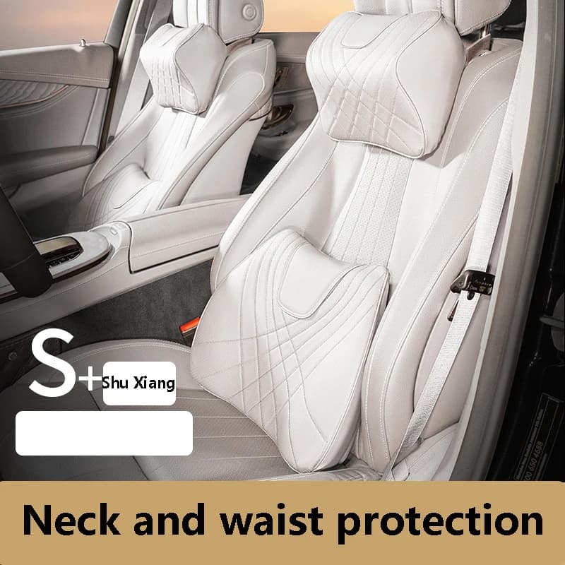 New Car Headrest Pillow Set Sewing Leather Auto Lumbar Waist Support Memory Foam Seat Neck Protective Cushion Accessories