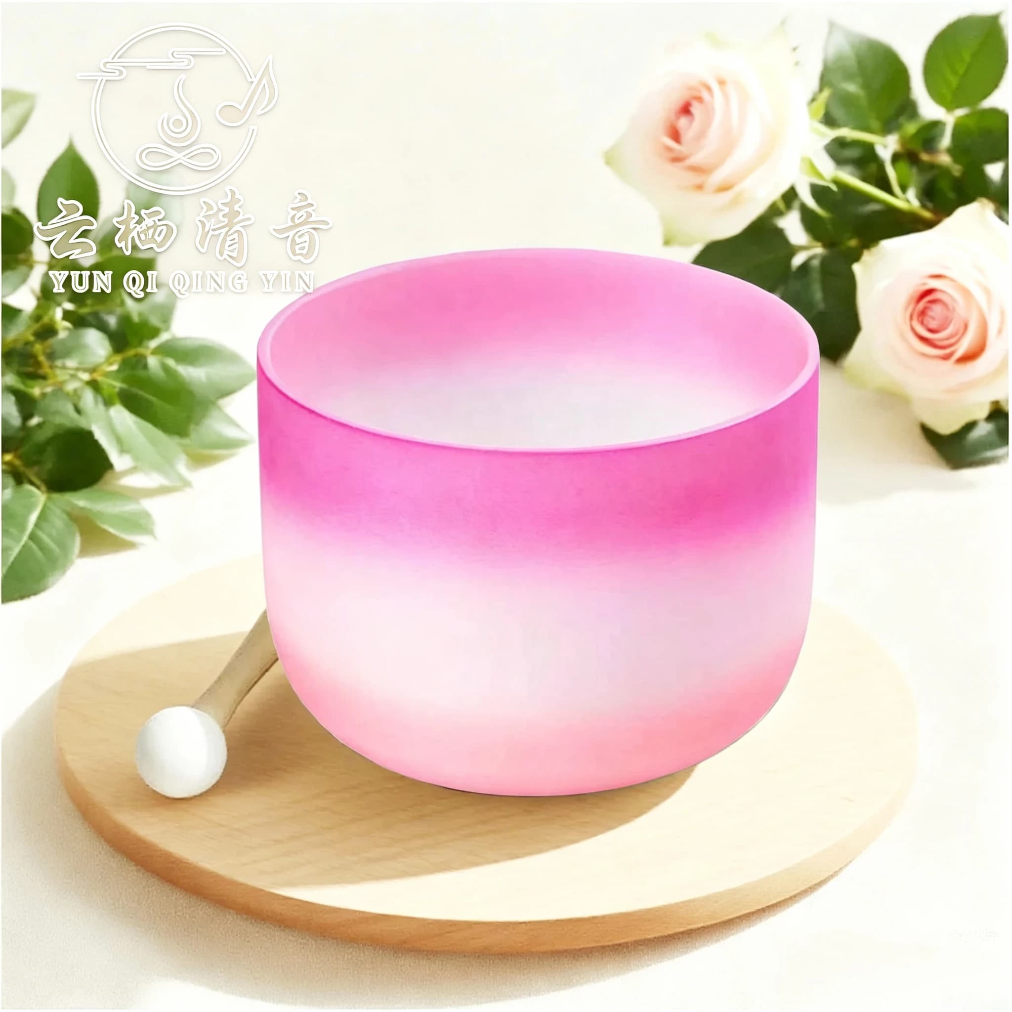 YUN QI QING YIN 8 Inch Pink Quartz Crystal Singing Bowl Chakra Vibration Sound Therapy Bowl For Spiritual Mindfulness Yoga Meditation