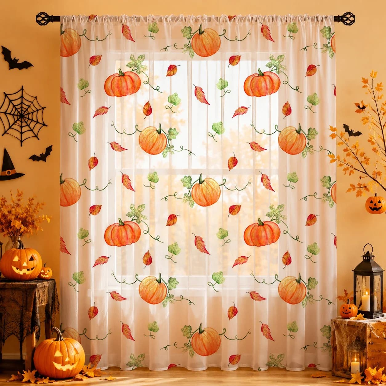 1Pc Rod Pocket Home Decor Halloween Sheer Voile Curtain Halloween Gift for Halloween Party Kids Room