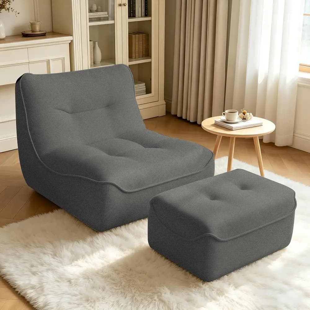 Poltrona Sacco Extra-Large con Poggiapiedi, Ideale per Adulti, Relax, Lettura, Gaming, in Grigio Scuro