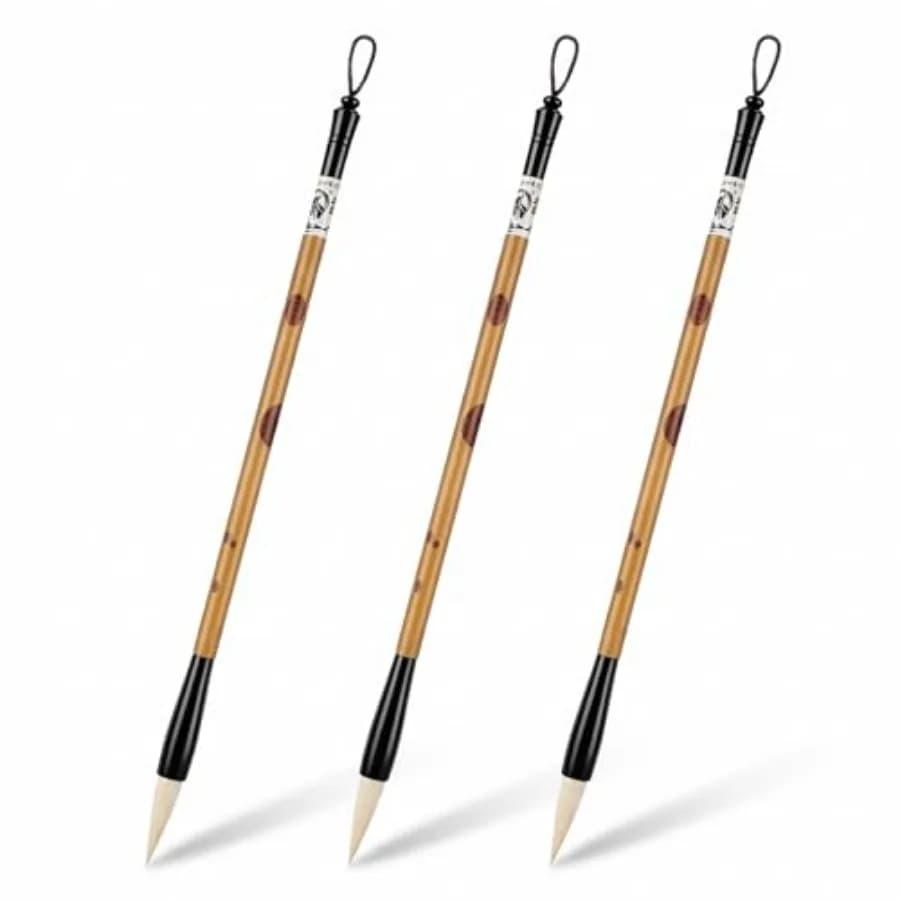 Chinese Calligraphy Brush Set with Bamboo Holder, 3 Size Art Sumi Brush for Writing Watercolor Painting, Professional Water Pen