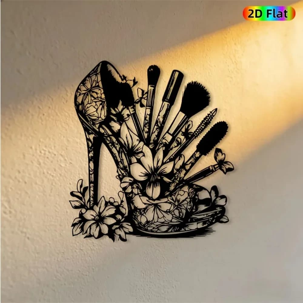 Brand Metal Wall Art Floral High-Heel Shoe Wrought Iron Sculpture 2D Flat Panel Makeup Brush Pattern Bedroom Balcony Fence Decor