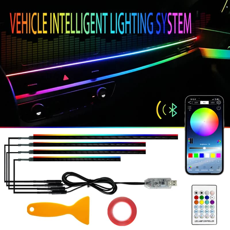 Luci Ambientali Interne per Auto Universali 12V, Illuminazione LED RGB Atmosfera, Controllo USB e App, Telecomando, Striscia Acrilica