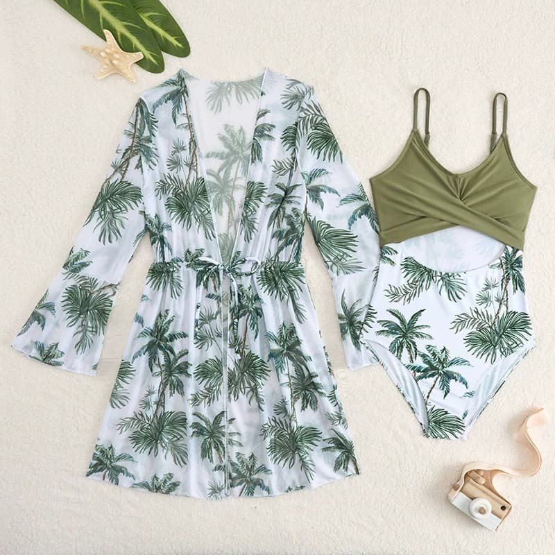 Full swimsuit for girls 2026 with printed kimono, children's swimwear, beach summer swimsuit