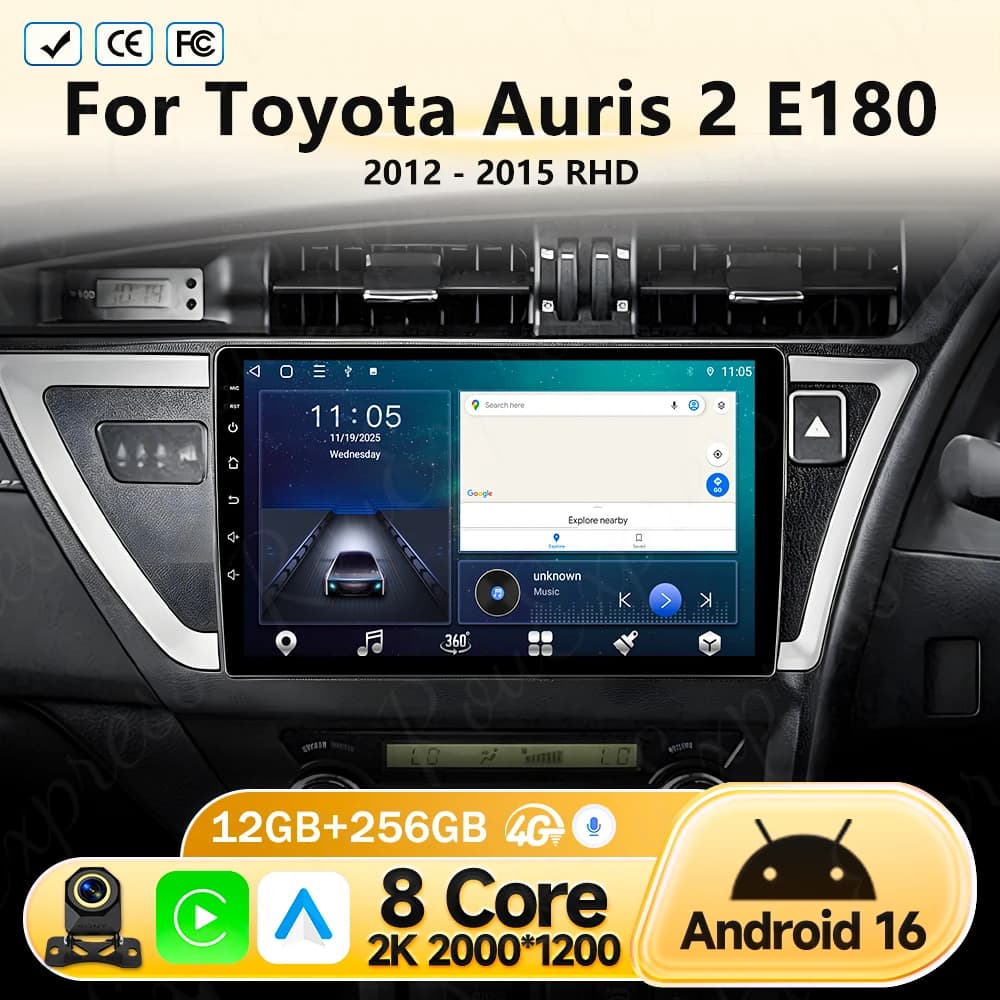 Autoradio Android 16 per Toyota Auris 2 E180 2012-2015 RHD, Lettore Multimediale con GPS, Navigazione, Carplay, Video, DVD, No 2din