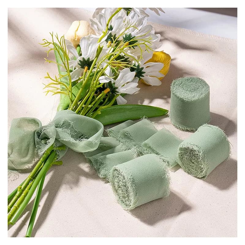 3Roll/Set Sage Green Ribbon Edged Wrinkle Chiffon Handmade Ripped Wedding Party Flower Bouquet Gift Decor Christmas Home Decor