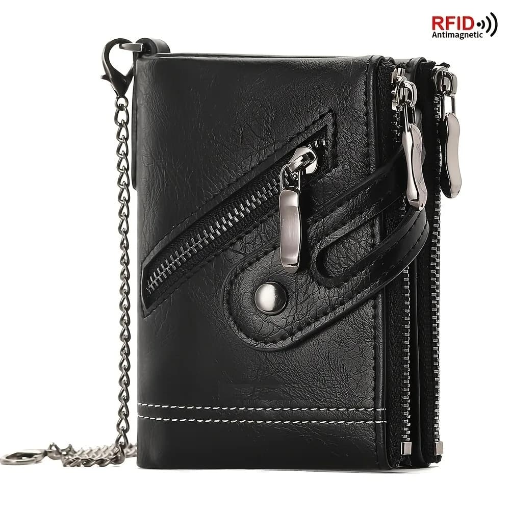Nuovo Portafoglio a Catena per Uomo con Protezione RFID, Portamonete in Pelle PU con Doppia Cerniera, Porta Carte di Credito per Uomini e Donne