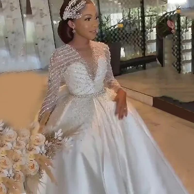 Abito da sposa africano 2026 con strascico staccabile scollo a V maniche lunghe illusione perline abito da sposa in raso Vestido de Noiva