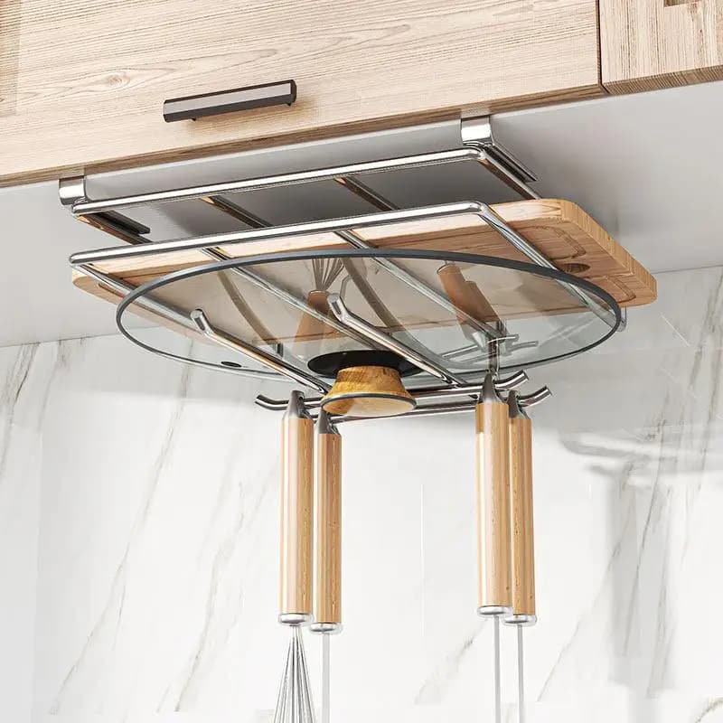 No-Drill Wall-Mounted 304 Stainless Steel Pot Lid Holder Cutting Board Storage Rack Overall Kitchen Cabinet under Counter
