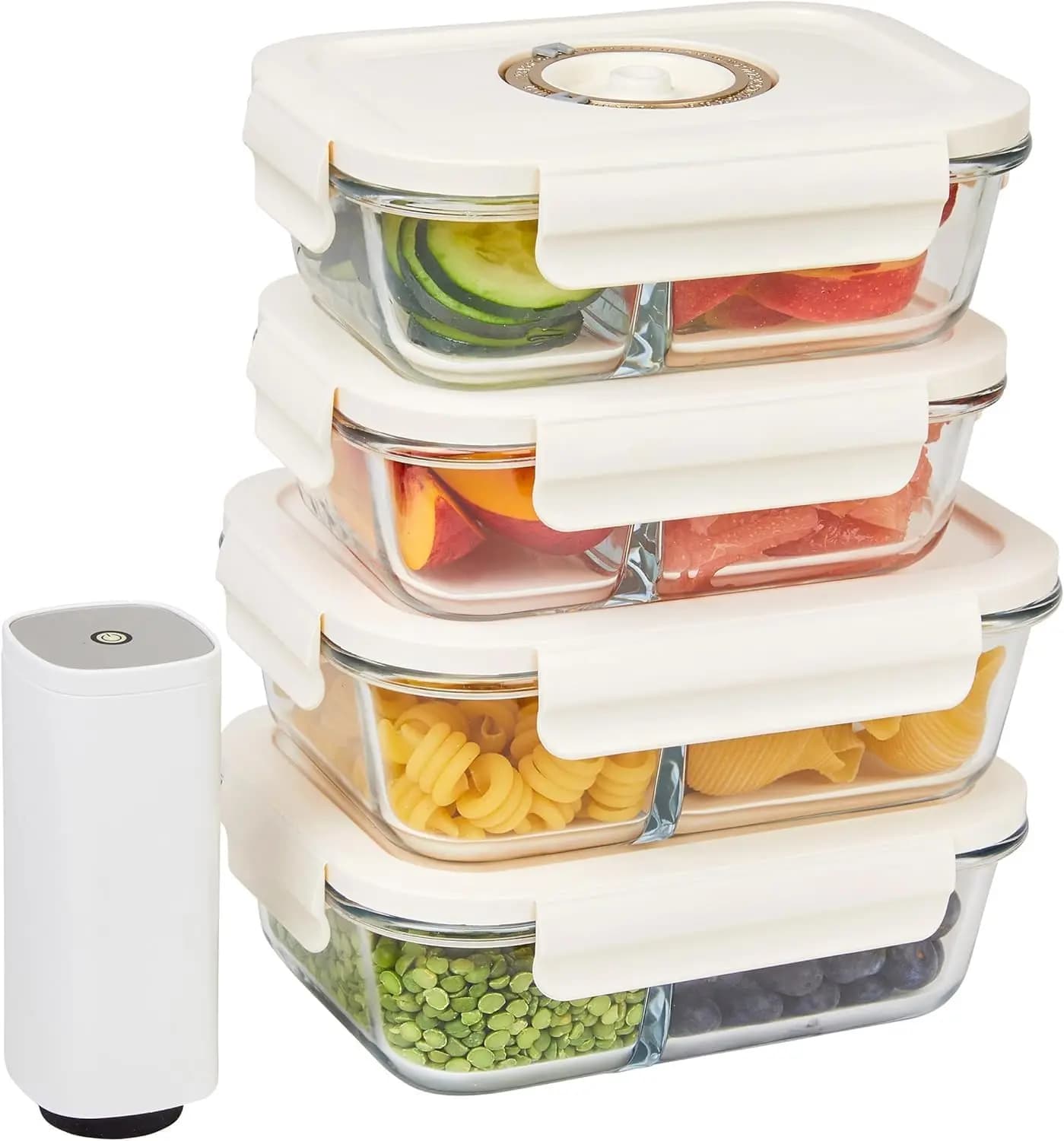 Contenitori per Alimenti Sottovuoto a 4 Scomparti con Pompa Elettronica, Vetro Senza BPA, Ermetici per Preparazione Pasti e Marinatura