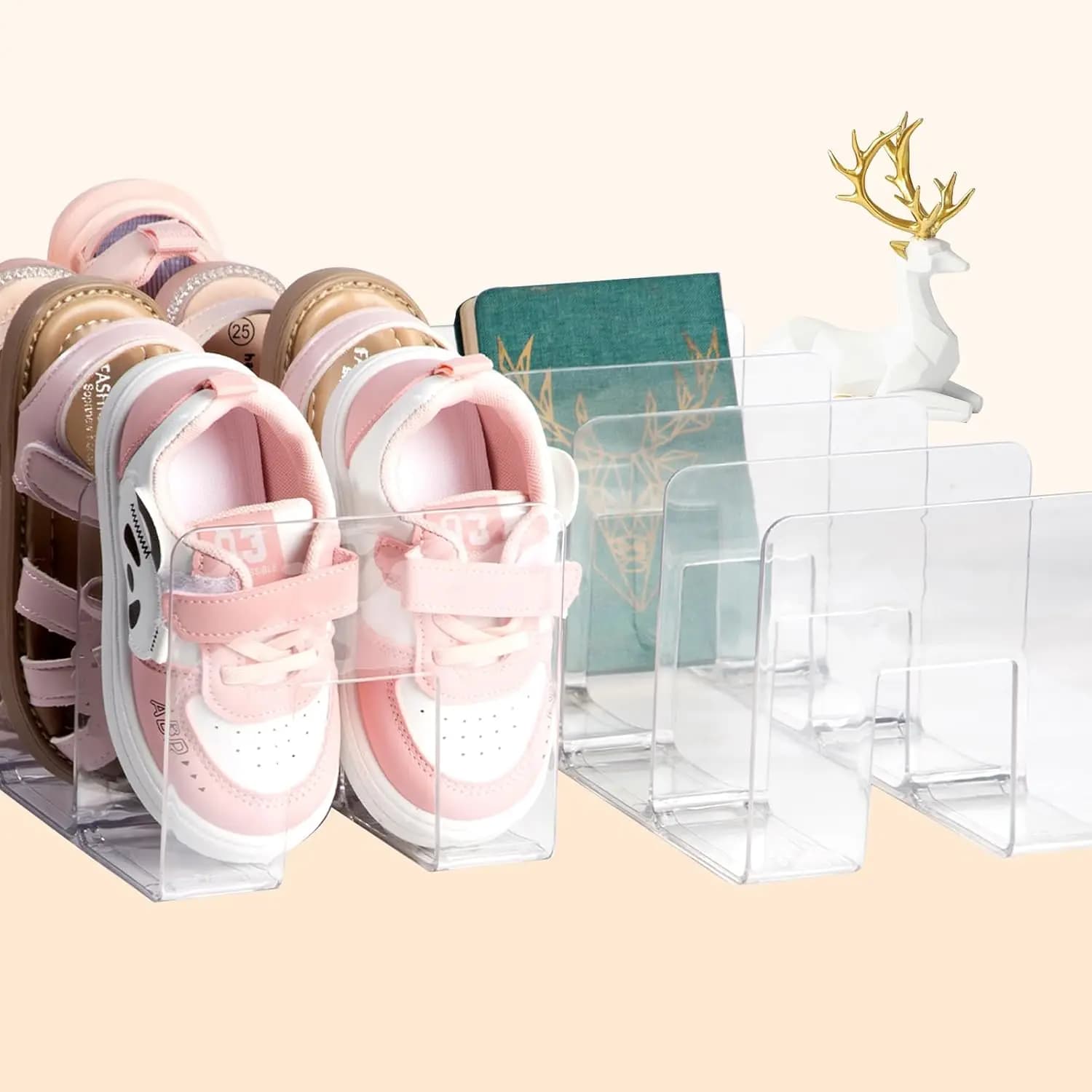 Confezione da 2: Scarpiera trasparente in acrilico per bambini, organizer impilabile per scarpe da neonato, scaffale portaoggetti per scrivania, organizer per documenti, libri e borse