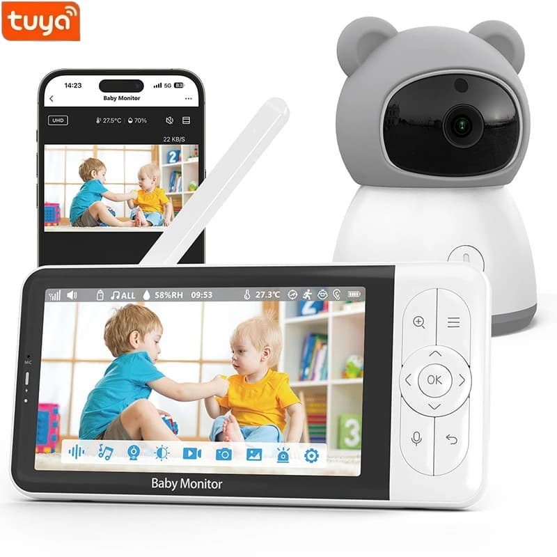 Tuya Baby Monitor da 5 pollici Zoom 4x PTZ Cam APP + monitor Doppio controllo WIFI Babyphone elettronico Audio bidirezionale Visione notturna Telecamera per bambini