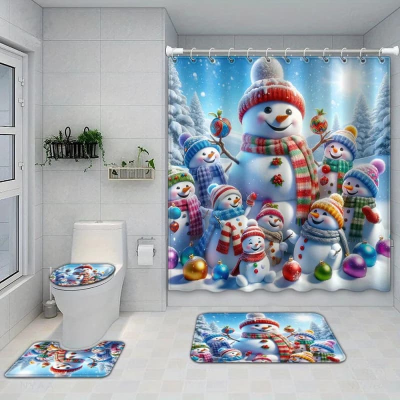 Set di tende da doccia con stampa Jolly Christmas Snowman Family con 12 ganci, tappetini da bagno, copriwater e cuscinetti a forma di U - Waterpr