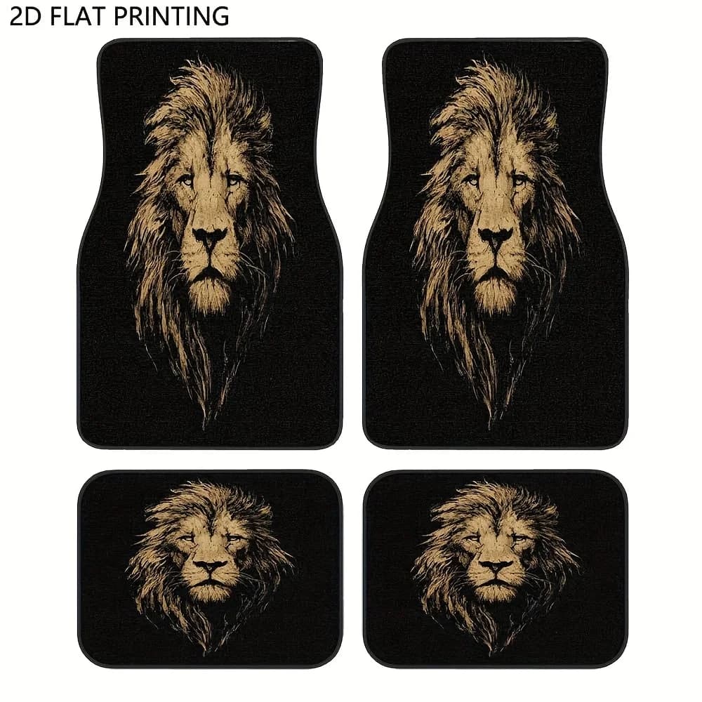 Set Of 4, Lion Design Car Floor Mats, Sturdy, Slip-Resistant, Easy To Clean, Easy To Set Up, Ideal For Sedans, Suvs, Trucks, Gre