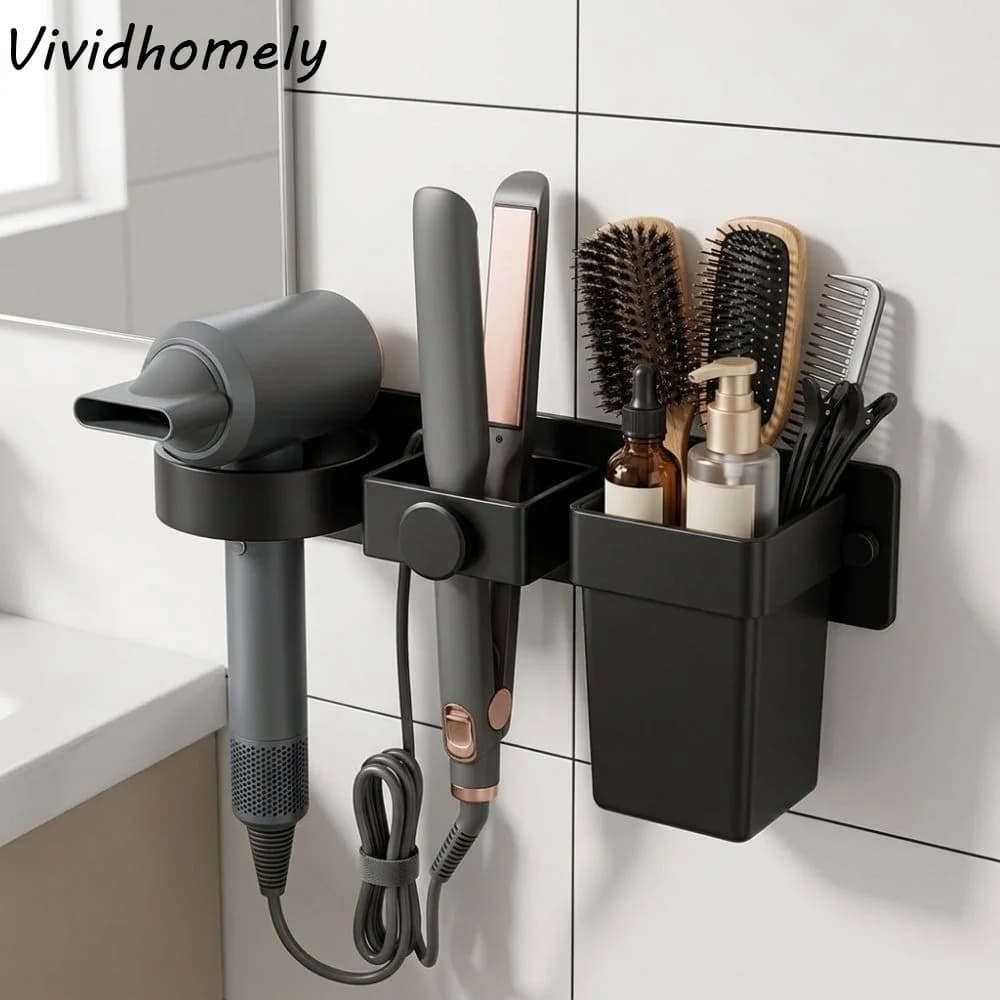 Multi-Slot Wall Mount Hair Dryer Holder Detachable Cup Plastic Curling Iron Storage Rack Waterproof Moisture Resistant