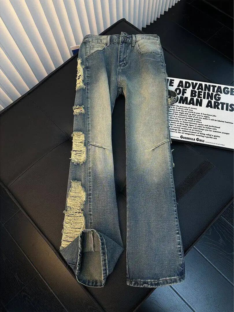 Retro Blue Men's Destroyed Denim Jeans CleanFit American HighStreet Washed StraightCuffed Knife Pants Summer Jeans