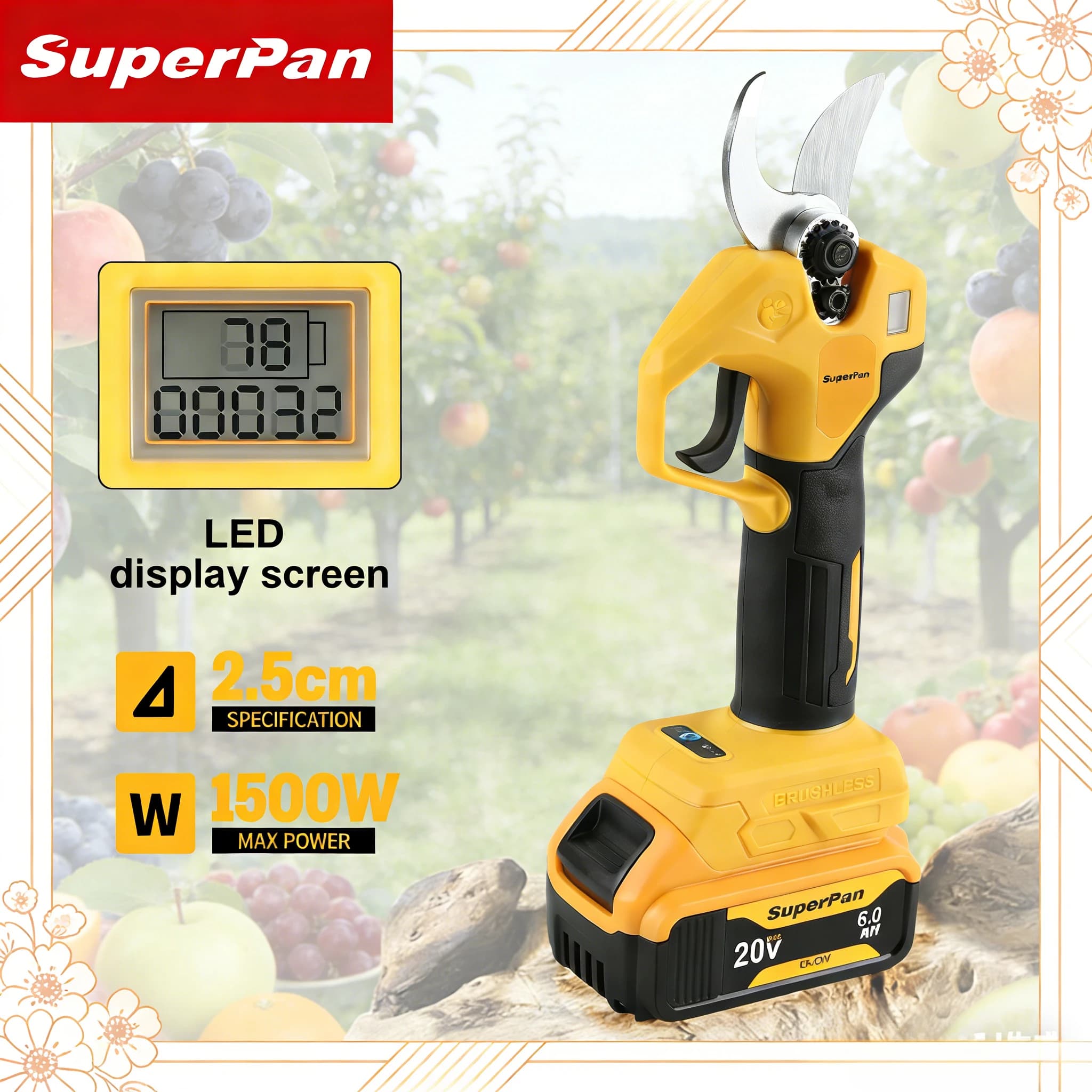 Forbici da potatura a batteria SuperPan, taglio 2,5 cm, senza spazzole ed efficienti per la potatura di frutteti e siepi, compatibili con batteria DeWalt 20V.