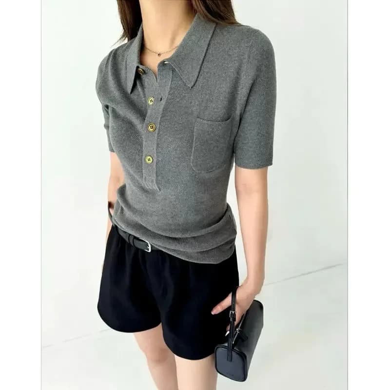smvp French Polo Collar Gray Short-sleeved Sweater for Women in Summer Short High-end Style Ice Silk Shoulder T-shirt Top