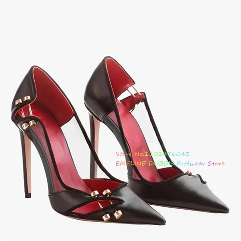 Rivetti con giunture a rete nera pompa con tacco alto donna Sexy punta a punta tacco a spillo in pelle Slip On Hollow Summer Party Dress Shoes