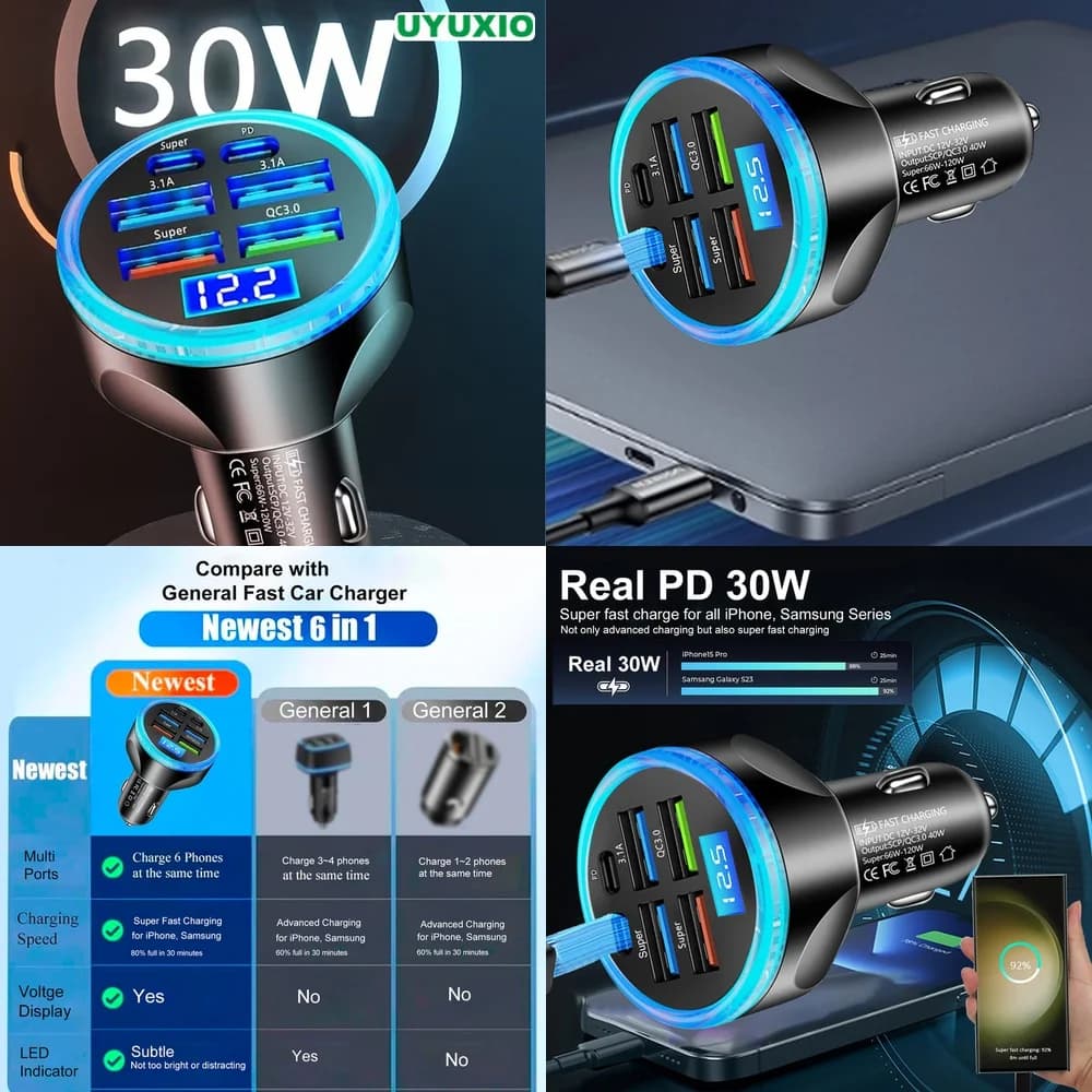 Fast Charging LED Digital Display Super Fast 6 Ports for iPhone 17 16 15 14 Pro Max Plus Car Charger Plug PD 30W Digital Display