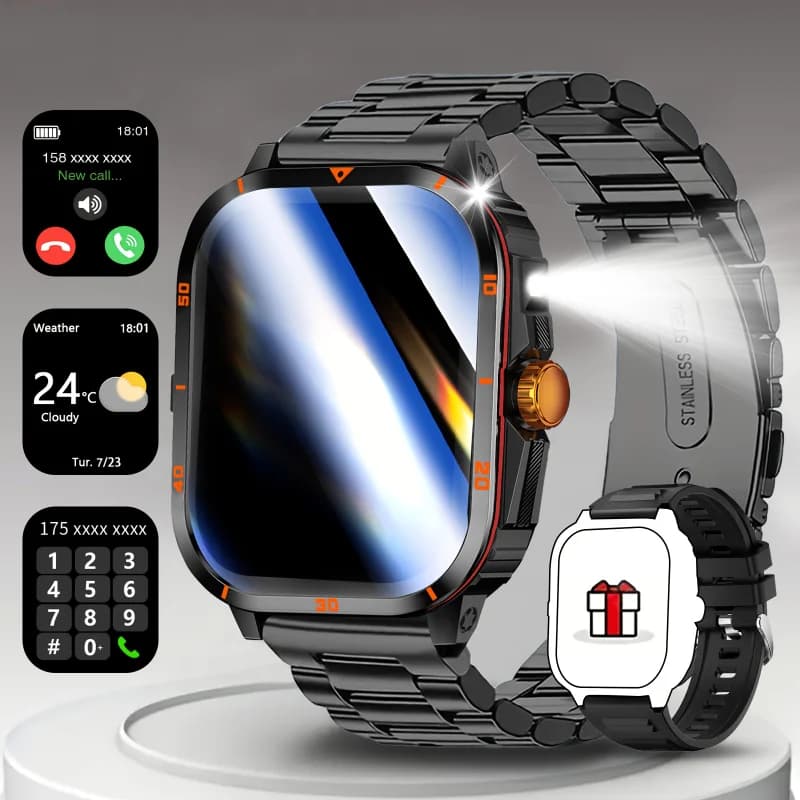 New Classic Smartwatch Features A High-Definition Touchscreen, Wireless Calling, Message Notifications, Weather Forecasts, Alarms, A Flashlight, A Calculator, and Various Sports Modes. Suitable for IPhone & Android,It Makes A Great Gift