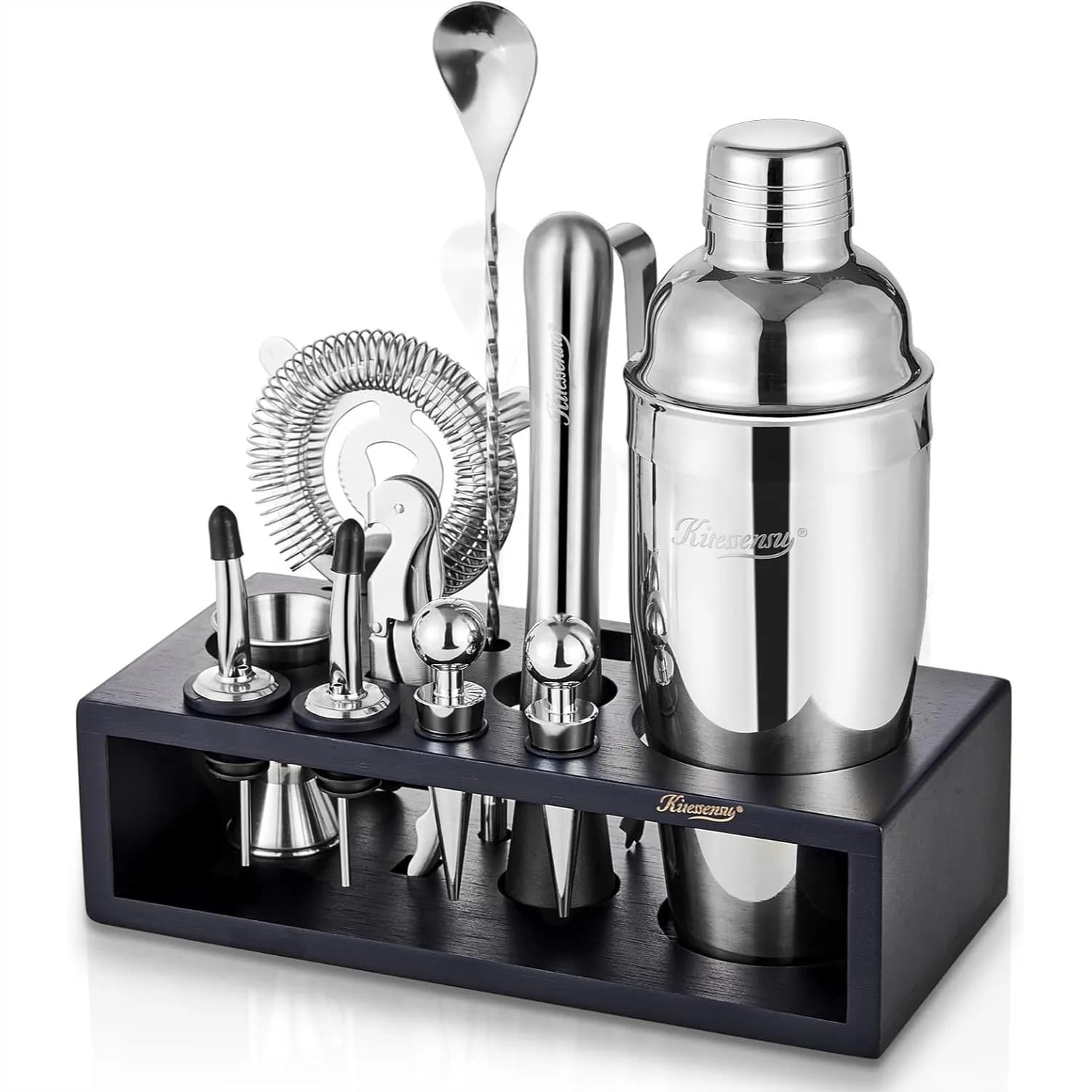 Set Shaker per Cocktail con Supporto | Kit da Barman per Bar Domestico: Shaker per Martini, Jigger, Muddler, Cucchiaio da Bar | Bar Essenziale