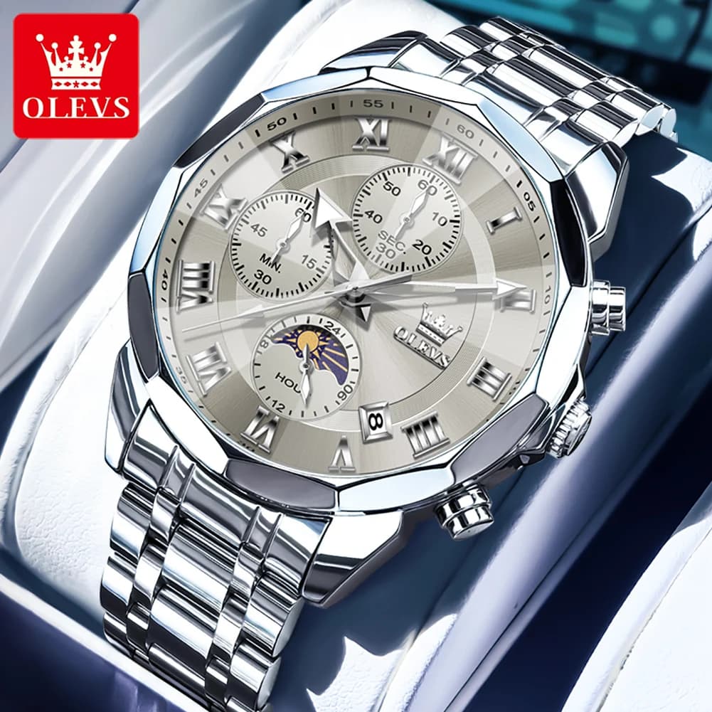 OLEVS brand original men's watch, high-end quartz watch, stainless steel, with date, moon phases, waterproof chronograph, men's watches