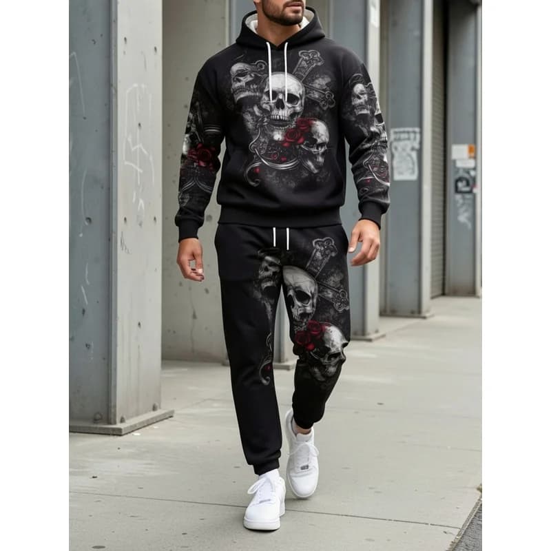 Fashionable Men'S Hooded Sweatshirt With Skull And Rose Print Is Perfect For Casual Sportswear And Daily Fashion Two-Piece Outfi