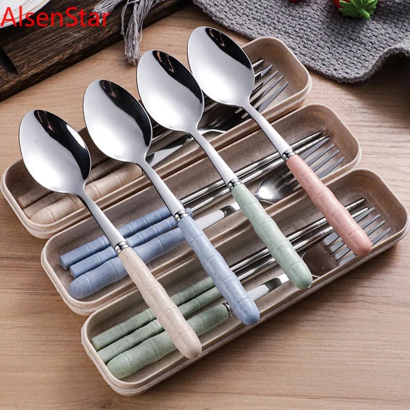 2/3pcs Wheat Straw Stainless Steel Portable Tableware Spoon Fork Chopsticks Set with Storage Box Dessert Fork Kitchen Supplies