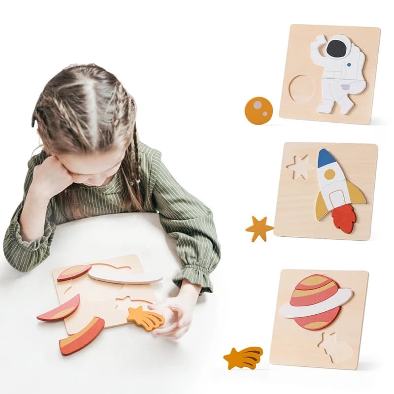 Baby wood Astronaut Planet Rocket Puzzle Set giocattolo educativo Montessori 0-12 mesi Baby Mind diversity Game regalo per neonati