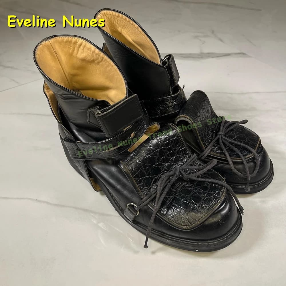 Women's Black Leather Crocodile Embossed Platform Ankle Boots Lace Up Gothic Punk Y2K Chunky Shoes Patchwork Lace Up Pumps 2026