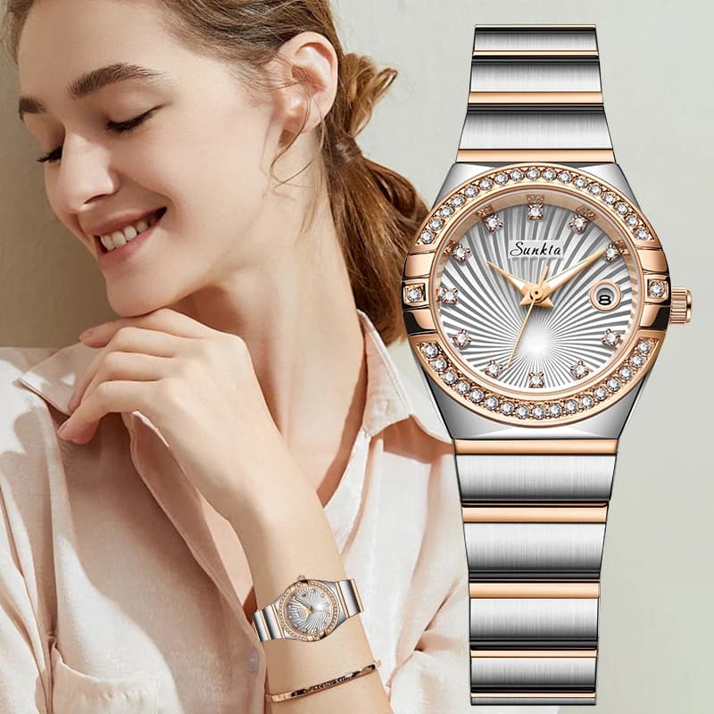 LIGE Sunkta Women's Watches Luxury Stainless Steel Women's Watch with Diamonds Stylish Fashion Waterproof Women's Watch with Bright Date