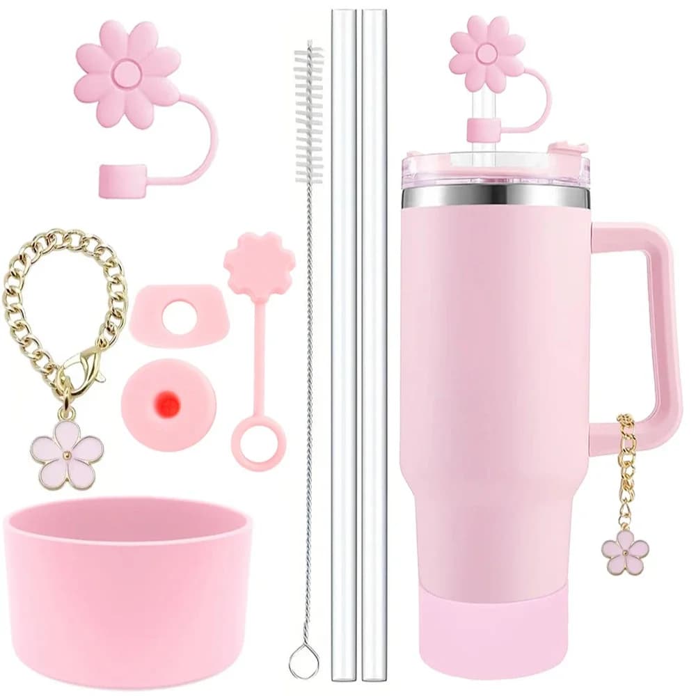 Cup Accessories for Stanley Cup Set of 9 Straw and Brush and 1 Flower Charm Chain 3 Spill Proof Stopper Flowers Straw Cover Boot