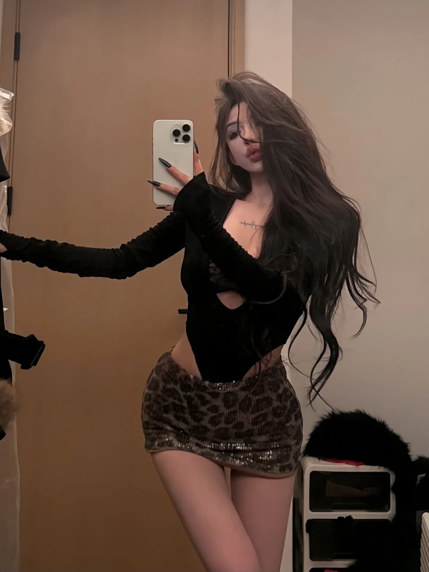 Sexy Lace Long Sleeve Set Women's Early Spring Black Leopard Print Halter Neck Bodysuit Skirt Fashionable plus Size