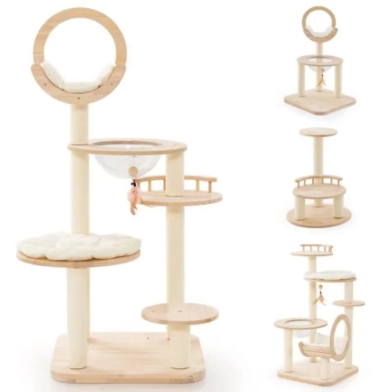 Grande Torre in Legno 4-in-1 con Nido a Capsula Spaziale per Interni, Alberi e Tiragraffi Multifunzione