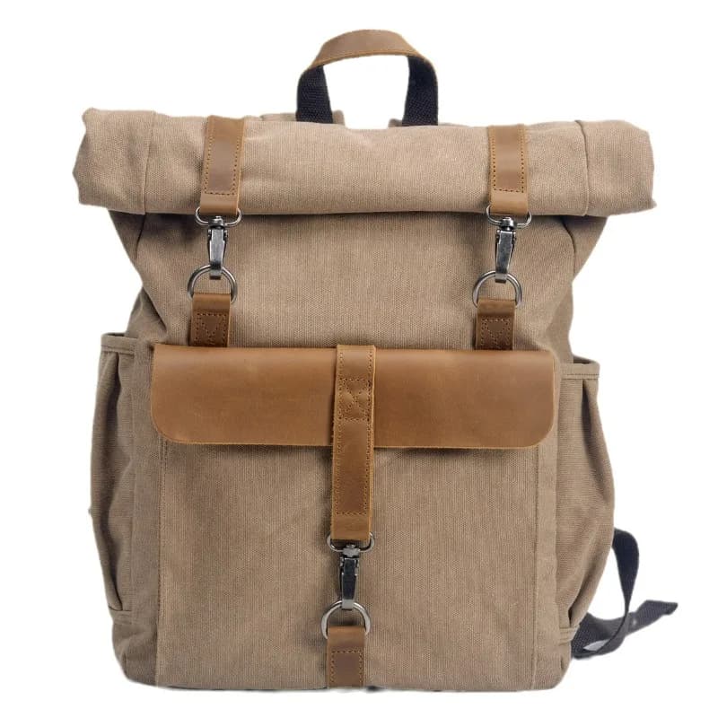 Zaino Vintage Muchuan in Tela con Strato Superiore in Pelle Bovina, Stile College, con Chiusura Roll-Top Espandibile, per Escursionismo e Scuola