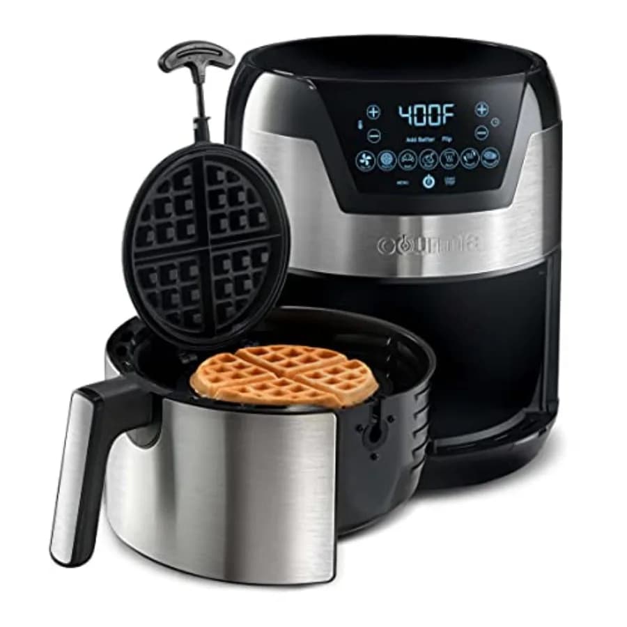 Friggitrice ad Aria Digitale 2 in 1 da 5 Litri e Piastra per Waffle con Rivestimento Antiaderente Nera per Cucina Sana e Preparazione Rapida della Colazione