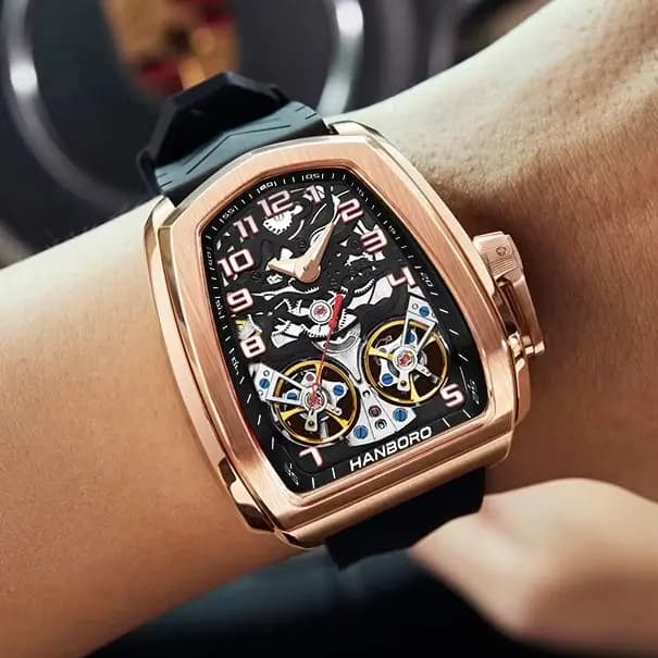 HANBORO Men Automatic Watch 44mm Tonneau Mechanical Wristwatch Luminous 50m Waterproof Skeleton Dual Flywheel Dial