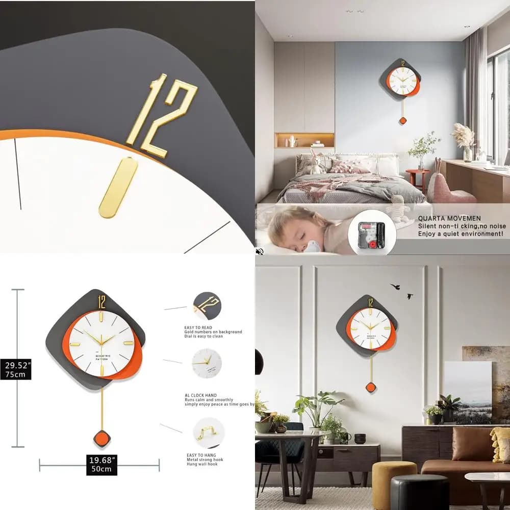 20 Contemporary wooden wall clock with pendulum, silent ticking battery powered for home decoration