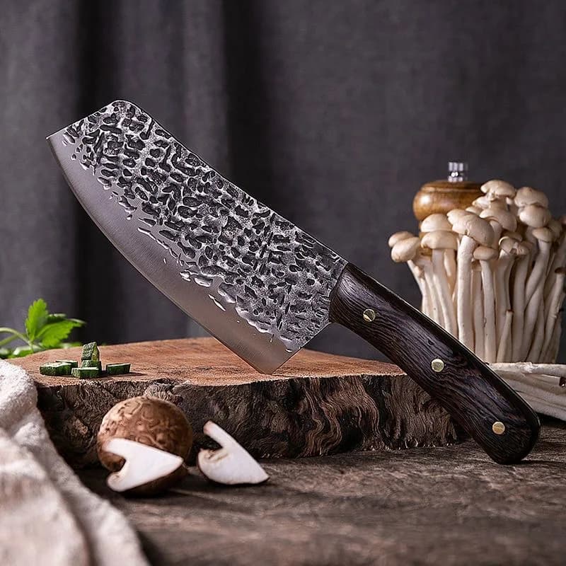Coltello da Cucina Forgiato a Mano con Motivo Martellato, Coltello da Cucina Giapponese in Acciaio ad Alto Tenore di Carbonio 5Cr15, Manico in Legno