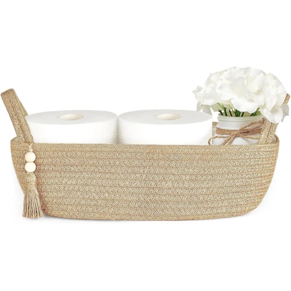 Boho-Style Toilet Paper Holder with Jute Basket, 13 x 6 for Bathroom, Bedroom, Living Room