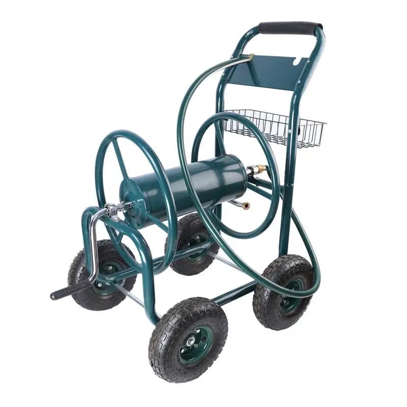 Portable garden wrapper trolley with 4 wheels, rust-resistant water pipe holder and storage basket