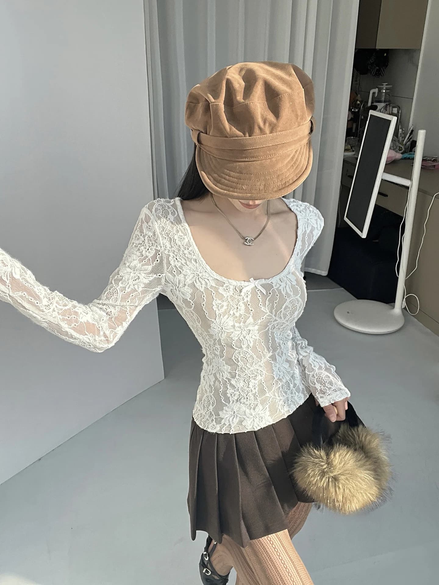 T-shirt da donna slim fit con scollo a V in pizzo, a maniche lunghe, sexy, aderente, MianCun, bianca, alla moda primaverile, casual, in misto cotone