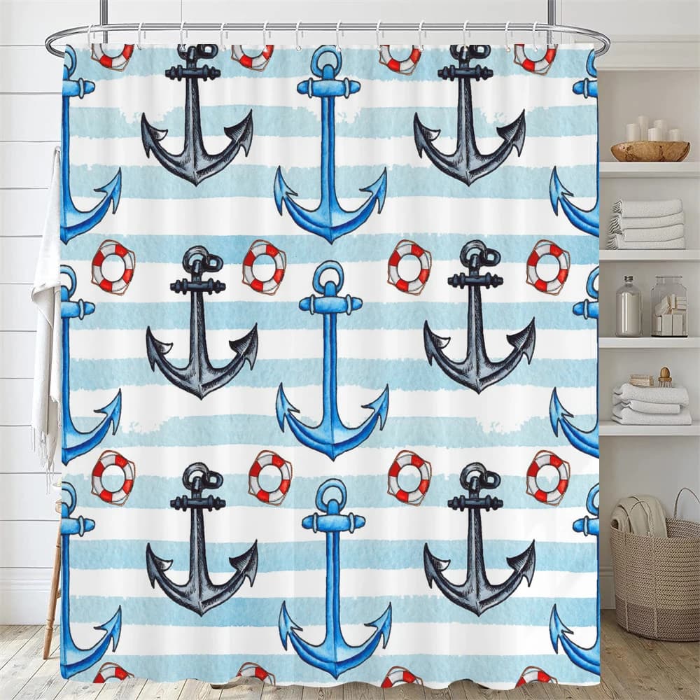 Tenda da doccia Blue Ocean Anchor con ganci, tende da doccia in poliestere con motivo oceano e cartoni animati, impermeabili per il bagno