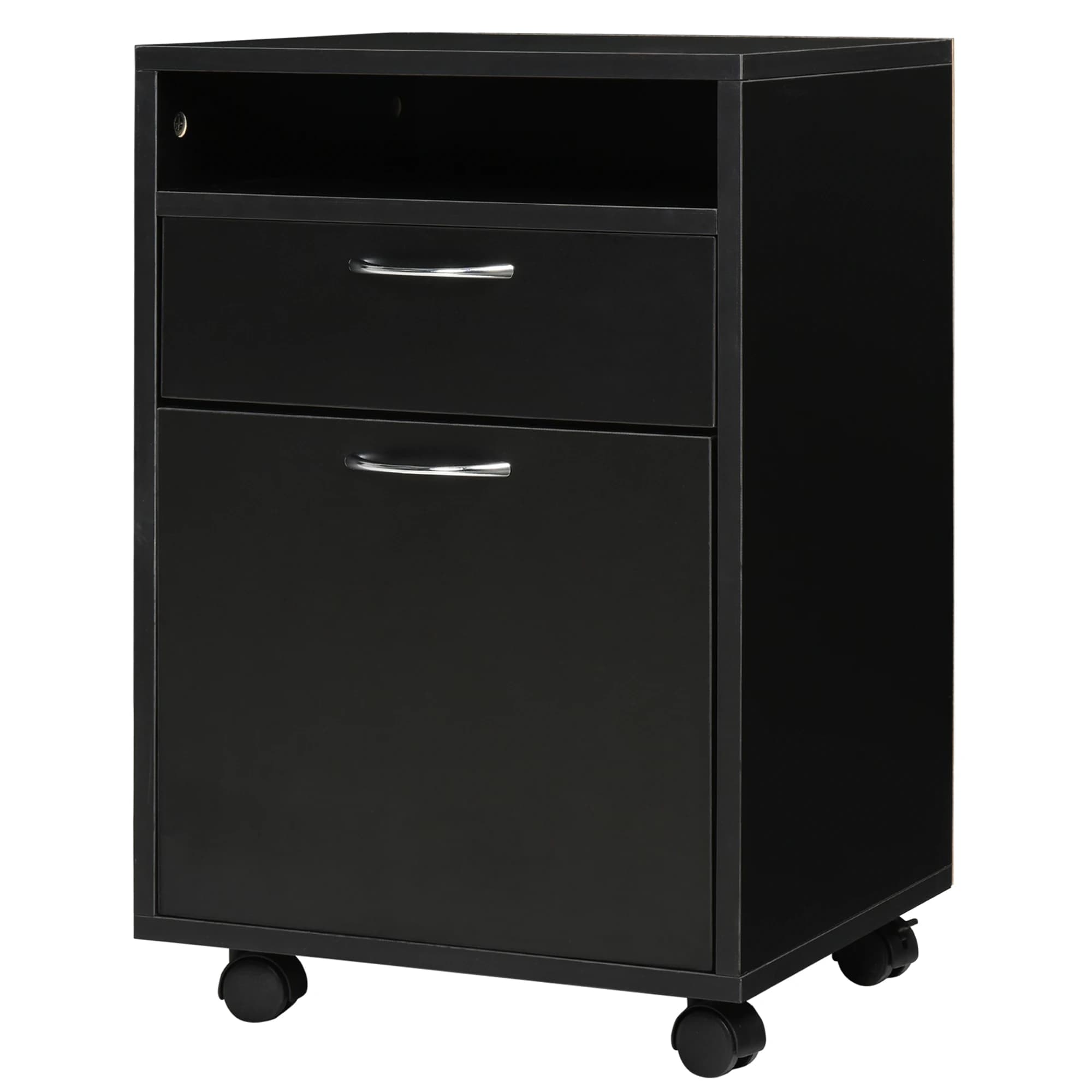 Armadietto Portadocumenti da 60 cm con Cassetto, Ripiano Aperto, Maniglie in Metallo e 4 Ruote, Organizzatore Mobile per Ufficio e Casa, Nero