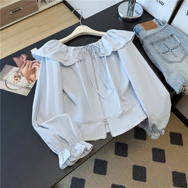 Camicie francesi con cerniera da donna, a maniche lunghe, con volant, scollo a barca, blusa casual, graziosa, ampia, con lacci, top primaverili ed estivi con protezione solare